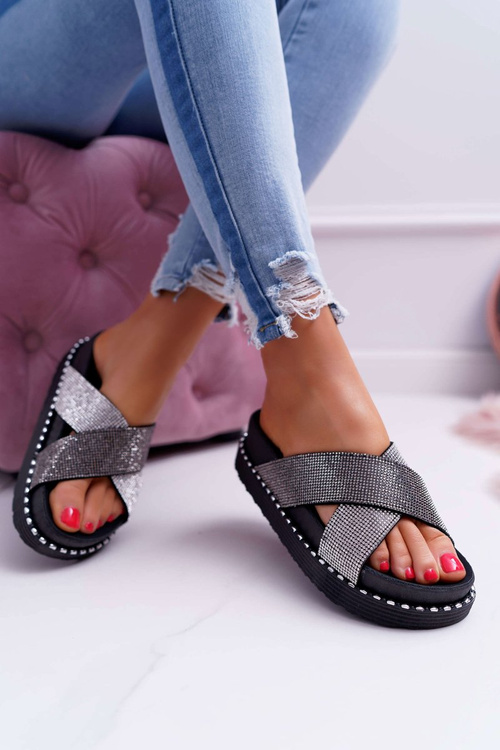 Жіночі шльопанці чорні з кристалами Belmondo