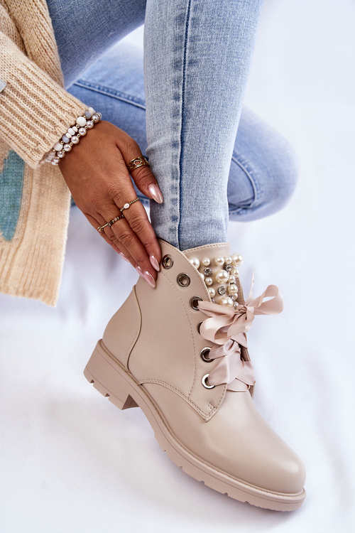 Чоботи шкіряні утеплені на блискавці з перлами бежеві Raiso