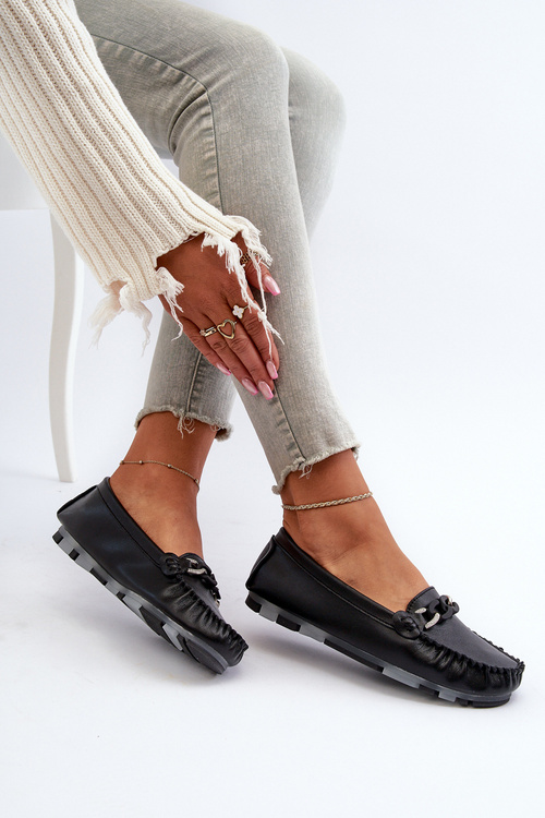 Жіночі чорні шкіряні мокасини з орнаментом S.Barski LR339