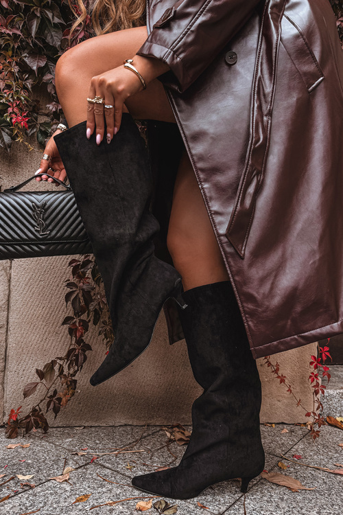 Жіночі Чоботи На Каблуці З Еко Замшу Чорні Pheona