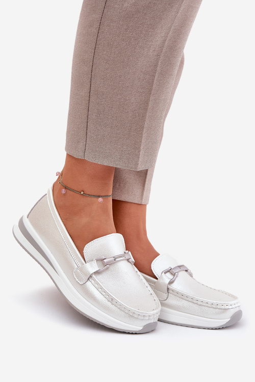 Шкіряні Жіночі Мокасини З Декором D&A LR51-966 Сріблясті