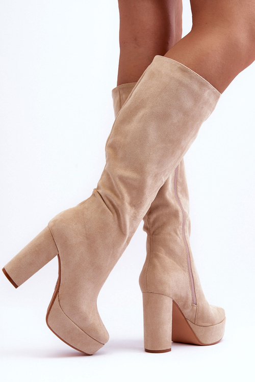 Чоботи вище коліна на підборах і платформі бежеві Baldrema