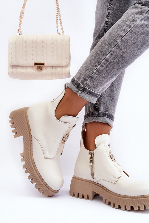 Жіночі шкіряні чоботи з декором світло-бежевий Lusanna