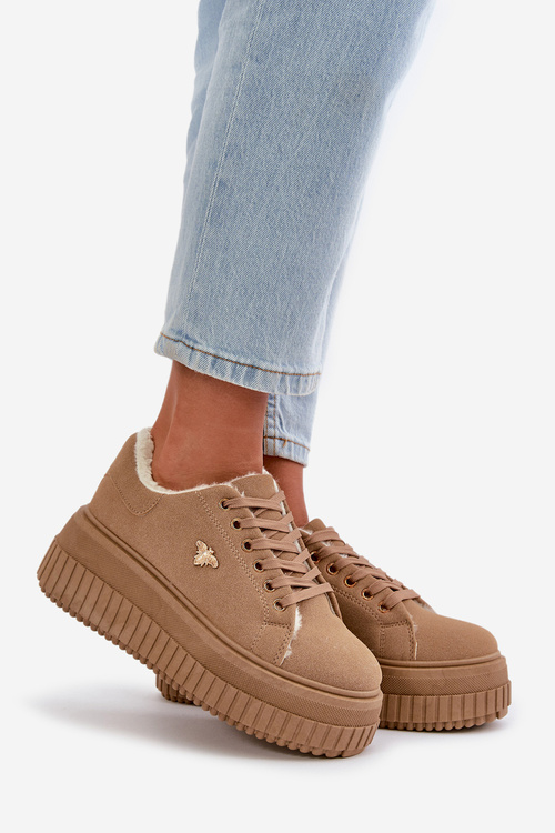 Жіночі утеплені кросівки на масивній підошві із золотистими деталями коричневого кольору Lotira