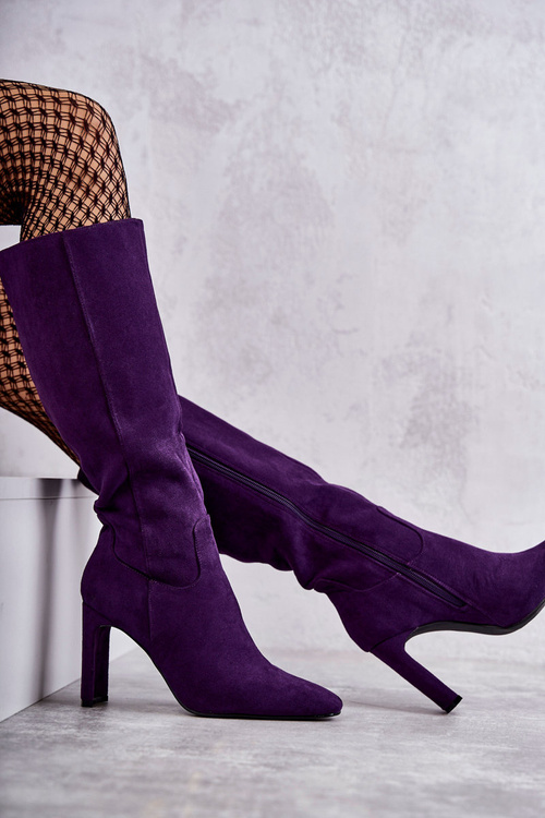 Чоботи жіночі на каблуці до коліна фіолетові Truly Love