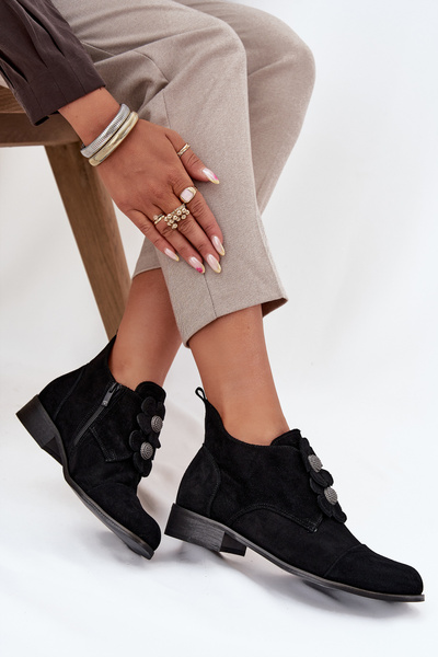 Замшеві жіночі мокасини з декоративними квітами Zazoo 3080 Чорні