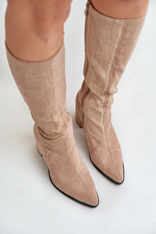 Еко-замшеві чоботи на блочному каблуці, бежевий батира
