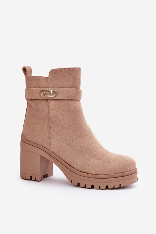 Жіночі еко замшеві чоботи на підборах утеплені на блискавці бежеві Laonora