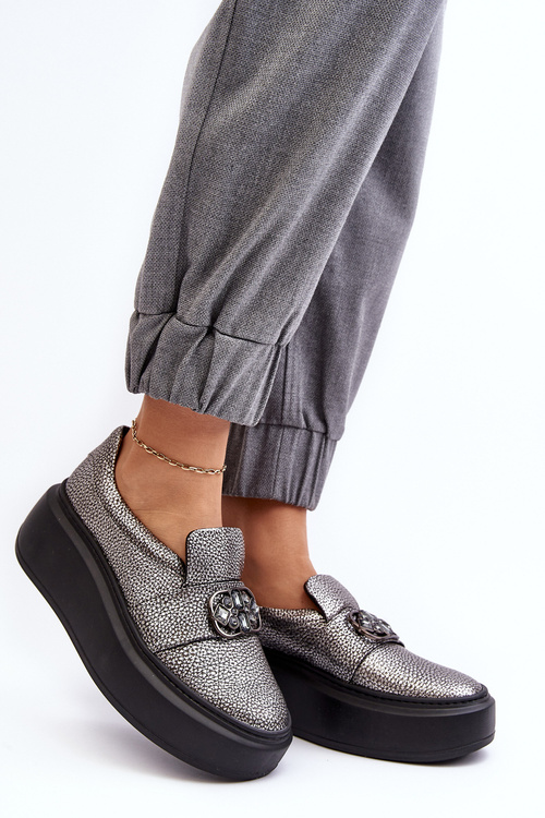 Шкіряні жіночі туфлі на платформі з декором Laura Messi 2697/810 Silver