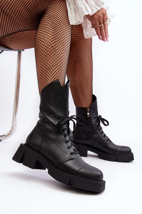 Жіночі шкіряні ботильйони Workery на масивному плоскому каблуці Zazoo 976A Чорні