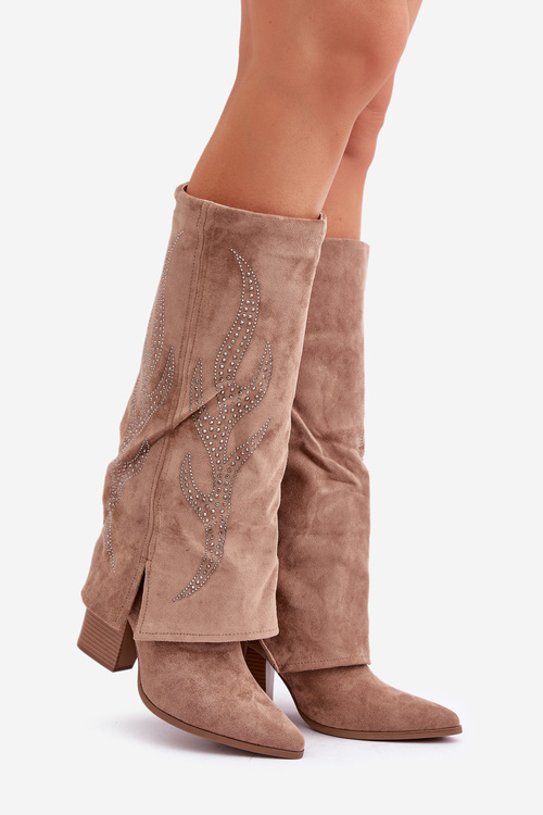 Прикрашені Чоботи З Загнутим Чолом На Каблуці Темно-бежеві Івілта