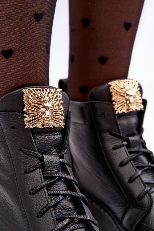 Чоботи жіночі на шнурівці з шкіряним декором Чорні Nicole 2833