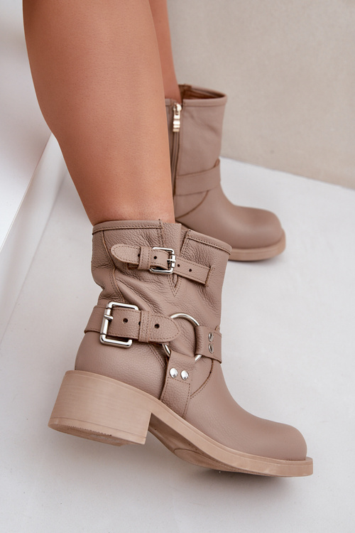 Шкіряні Жіночі Чоботи На Низькому Блоці З Ремінцями Zazoo 3644 Бежеві