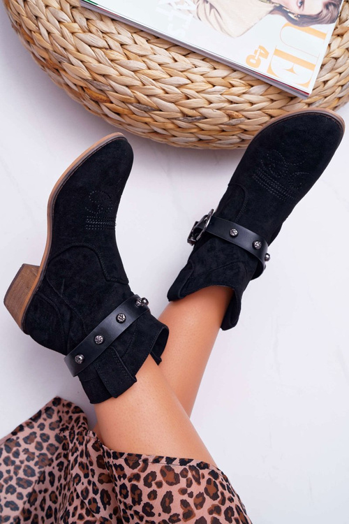 Жіночі ковбойські чоботи на плоскому каблуці з пряжкою Чорні Ewell