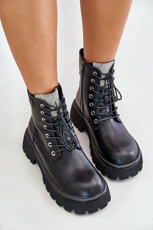 Теплі шкіряні ботильйони робочі жіночі з цирконієм GOE OO2N4125 чорний