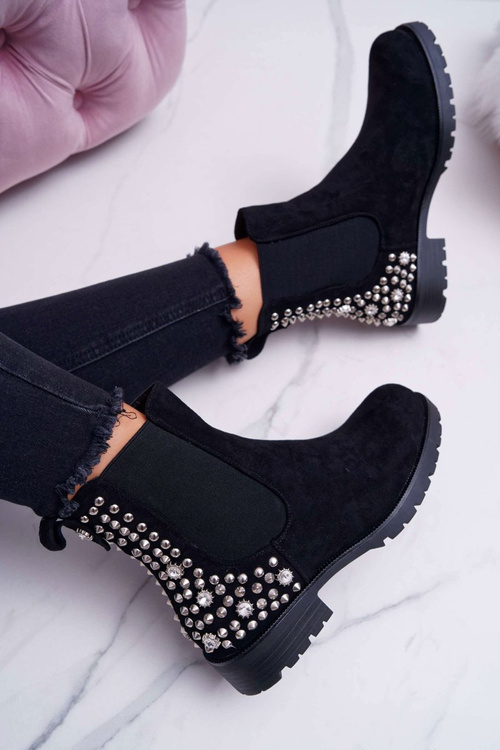 Жіночі чоботи на плоскій підошві, металеві шпильки, чорні бінарні