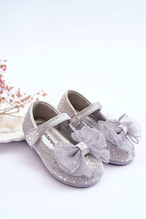 Дитячі балерини з бантом і блискітками на липучці Silver-Grey Elisa