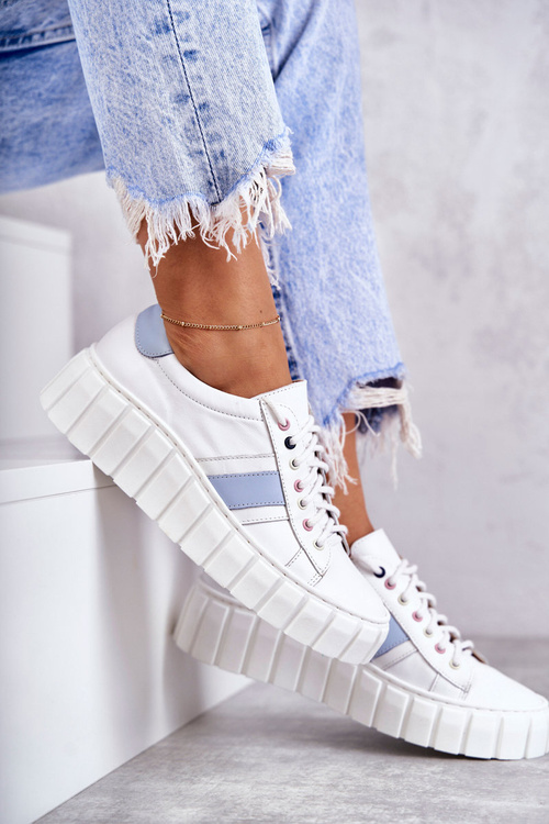 Жіночі спортивні шкіряні туфлі на зв'язці біло-блакитні Ariva