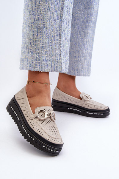 Жіночі шкіряні мокасини на платформі з декором S.Barski LR750 Бежеві