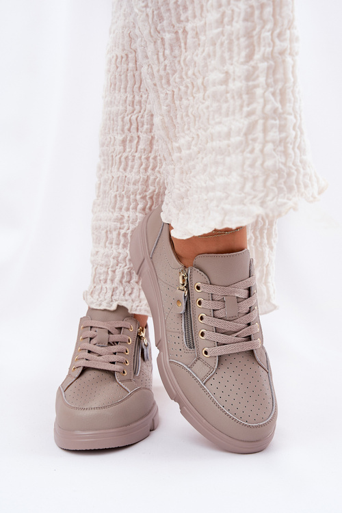 Шкіряне Спортивне Взуття Кросівки На Платформі З Блискавкою Vinceza 88019 Темно-бежеві