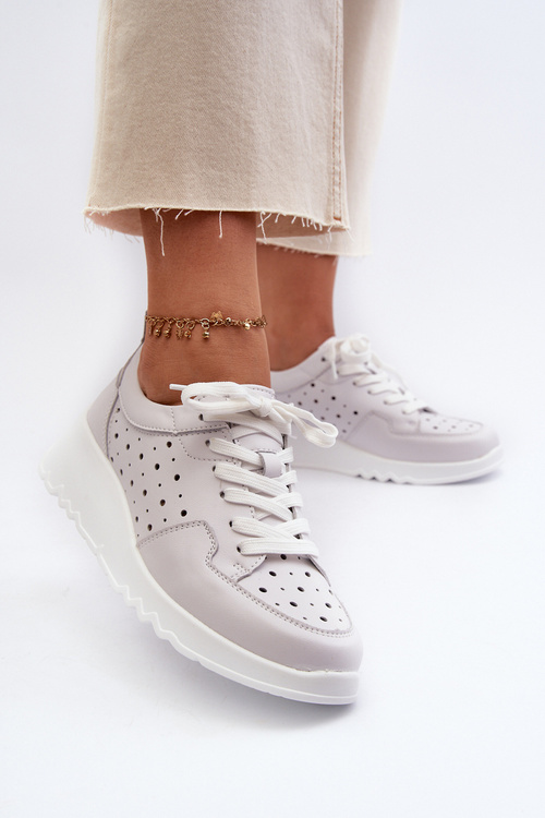 Жіночі ажурні кросівки на танкетці з натуральної шкіри світло-сірі S.Barski LR482