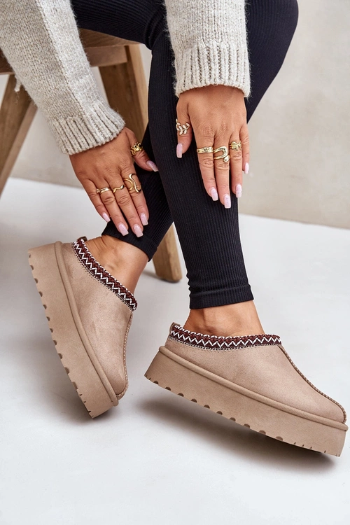 Низькі жіночі зимові чоботи з вишивкою на платформі темно-бежевого кольору Narirya