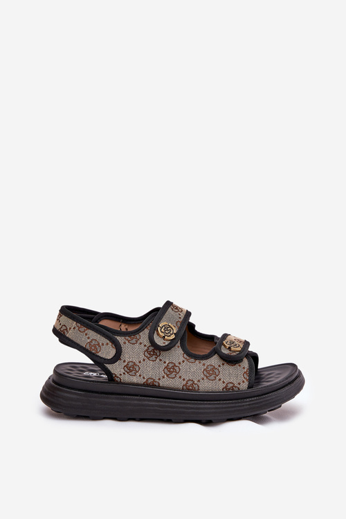 Жіночі Патерні Текстильні Сандалі З Золотими Деталями Бежево-Чорні Pefese