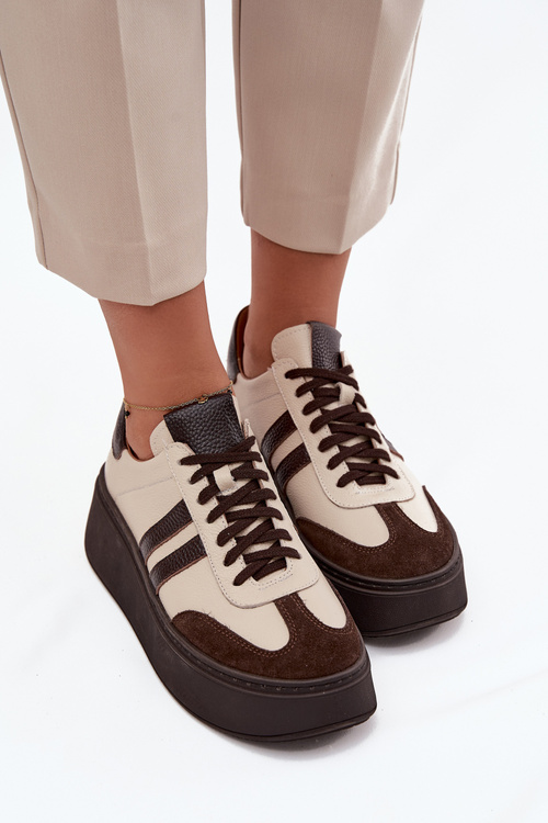 Шкіряні жіночі кросівки на платформі Zazoo 3775 бежево-шоколадні