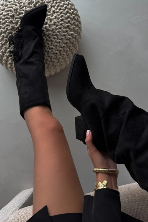 Ковбойські Чоботи На Затяжках Для Жінок На Підборах З Чубчиками Чорні Залія