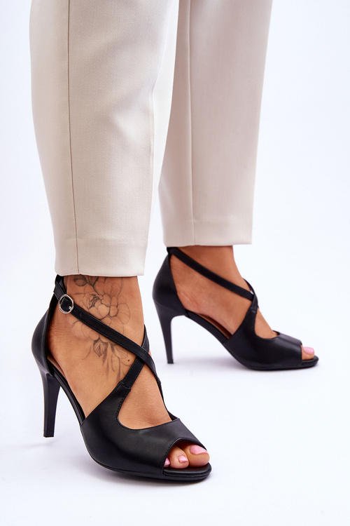 Модні шкіряні босоніжки на високому каблуці Sergio Leone SK429 Чорні