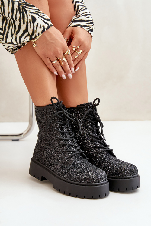 Жіночі робочі черевики утеплені, прикрашені паєтками чорного ліатеїну