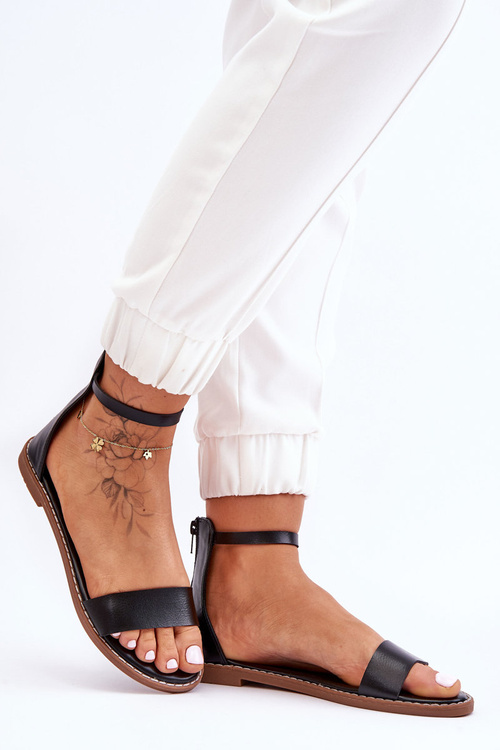 Шкіряні плоскі сандалі на блискавці Black Millou