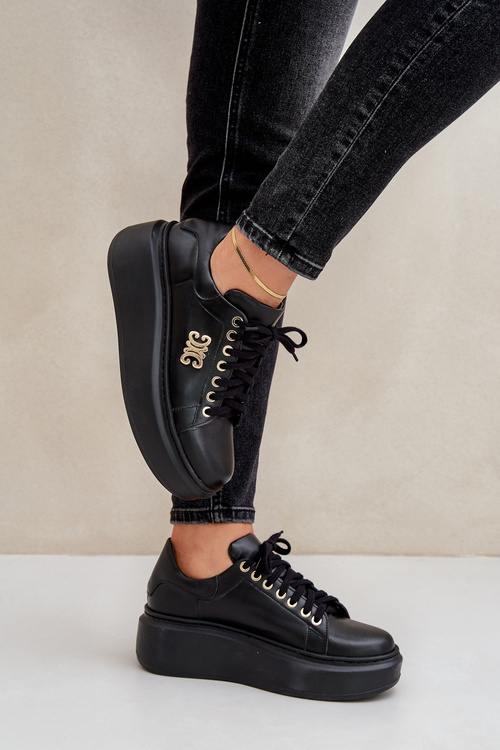 Кросівки З Природної Шкіри На Платформі Золота Декорація Левський 3428 Чорні