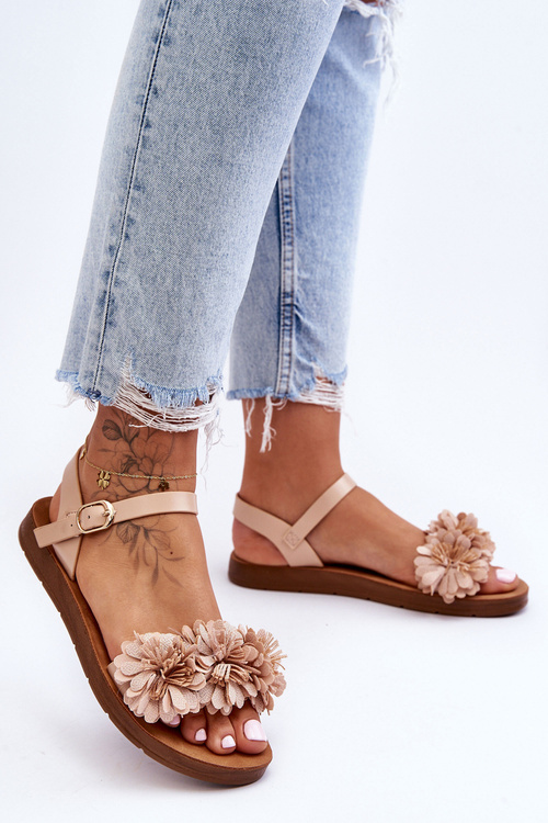 Жіночі босоніжки з текстильними квітами бежеві Fiori