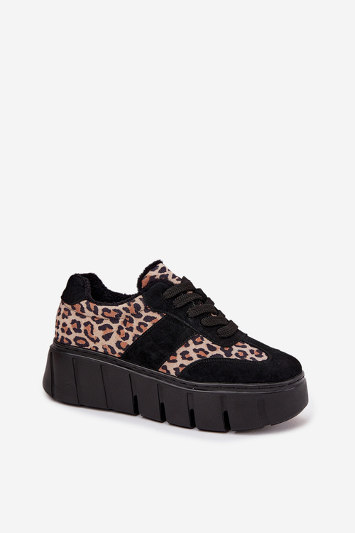 Замшеві утеплені жіночі кросівки на масивній платформі Vinceza 66841 Пантерка Чорна