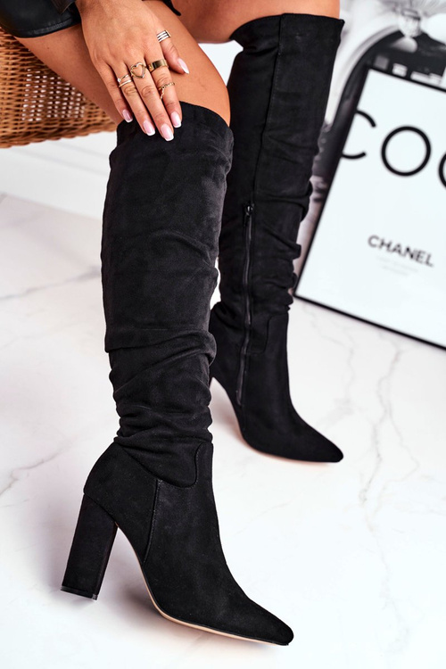 Жіночі високі чоботи замшеві чорні поместро