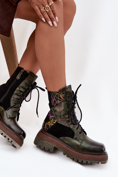 Шкіряні жіночі робочі черевики на платформі Maciejka 07104-09 Темно-зелений