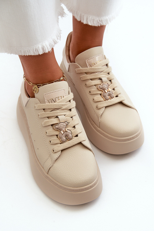 Жіночі шкіряні кросівки на платформі з бантом, бежеві Vinceza 66641