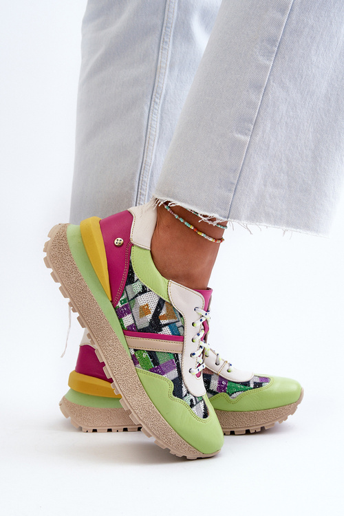 Жіночі шкіряні кросівки на платформі Maciejka 06322-09 Зелено-рожеві