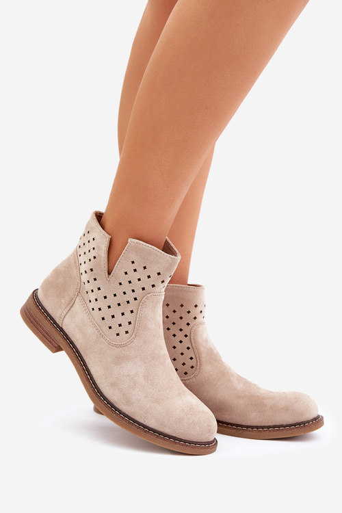 Чоботи На Плоскому Каблуці З Перфорованою Шкірою Світло-бежеві Elivaya