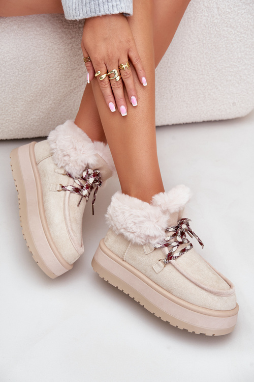 Низькі жіночі сніжні чоботи на платформі з хутром світло-бежевого кольору Neathren