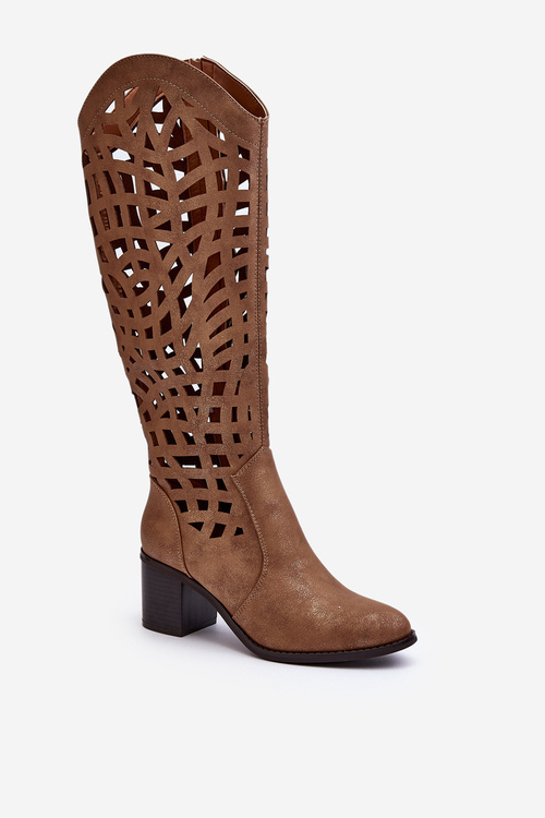 Коричневі мереживні чоботи на підборах Pinkema