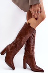 Жіночі чоботи вище коліна на підкладці з блоковим каблуком коричневого кольору Genzani