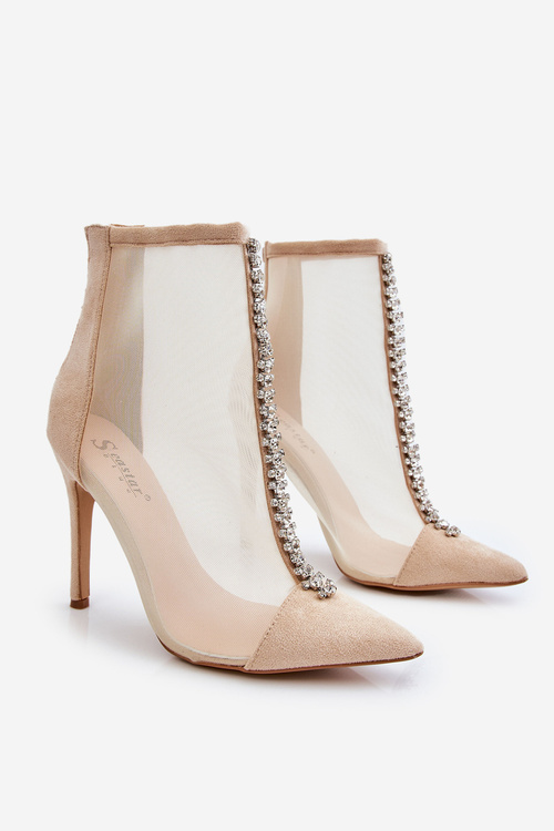 Модні жіночі чоботи на шпильці з сіткою бежеві Rummi