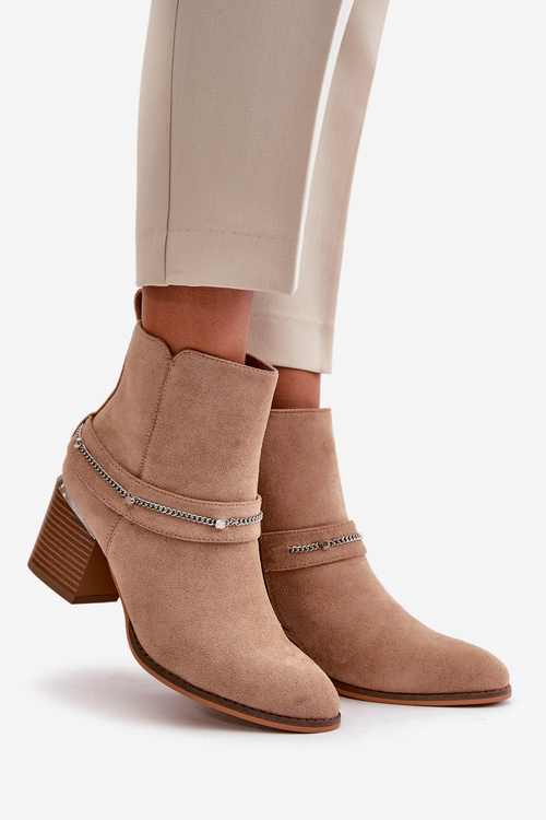 Теплі жіночі чоботи на підборах з ланцюжком Еко Замша Бежеві Hanalen