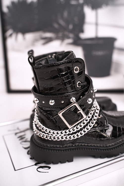 Дитячі чобітки на ланцюжку, утеплені хутром, лаковані Доллі чорного кольору