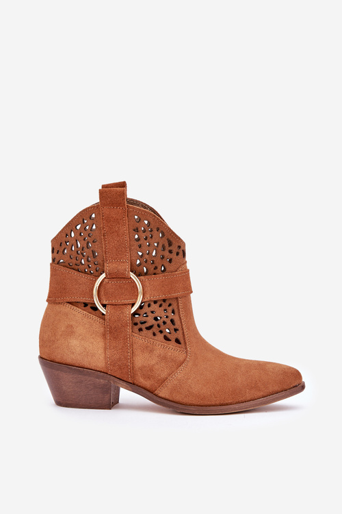 Замшеві ковбойські ботильйони з перфорацією на підборах 2994 Camel