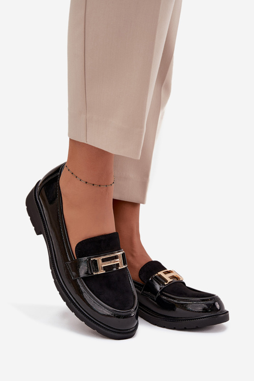 Лаковані жіночі мокасини з золотим оздобленням S.Barski HY52-545 Чорний