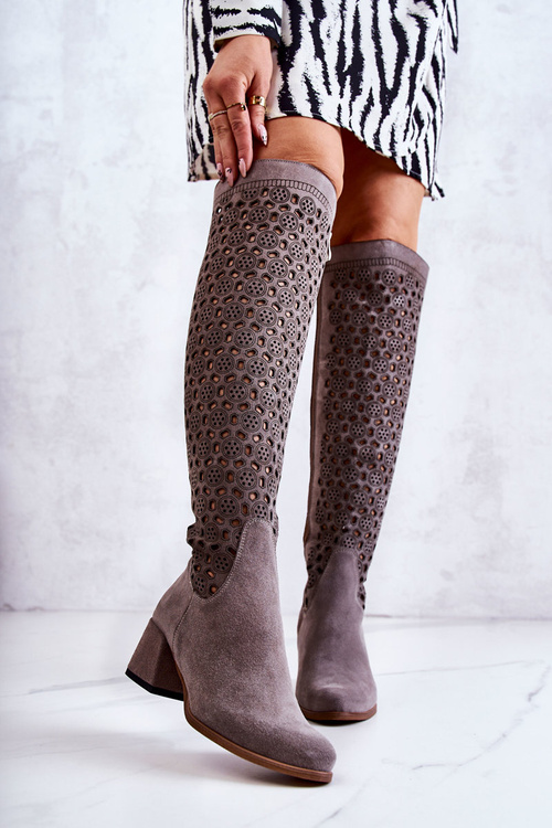 Ажурні замшеві високі чоботи сірі Hekilea