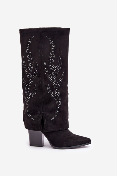 Декоровані чоботи з заокругленим халявою на підборі чорні Ivilta